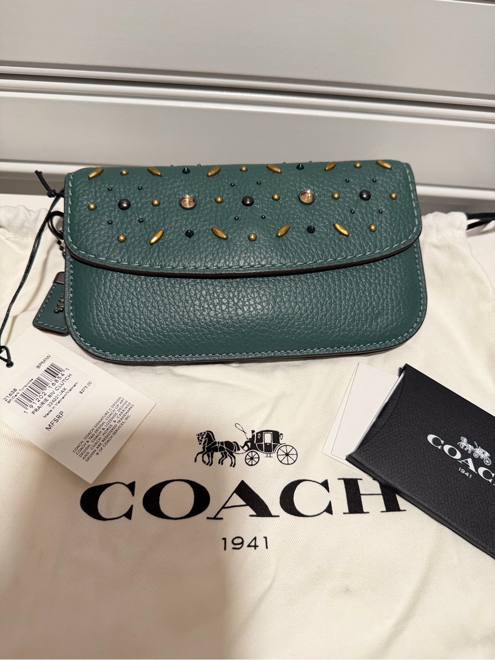 Coach Green Pebbled Leather Studded Wristlet Clutch